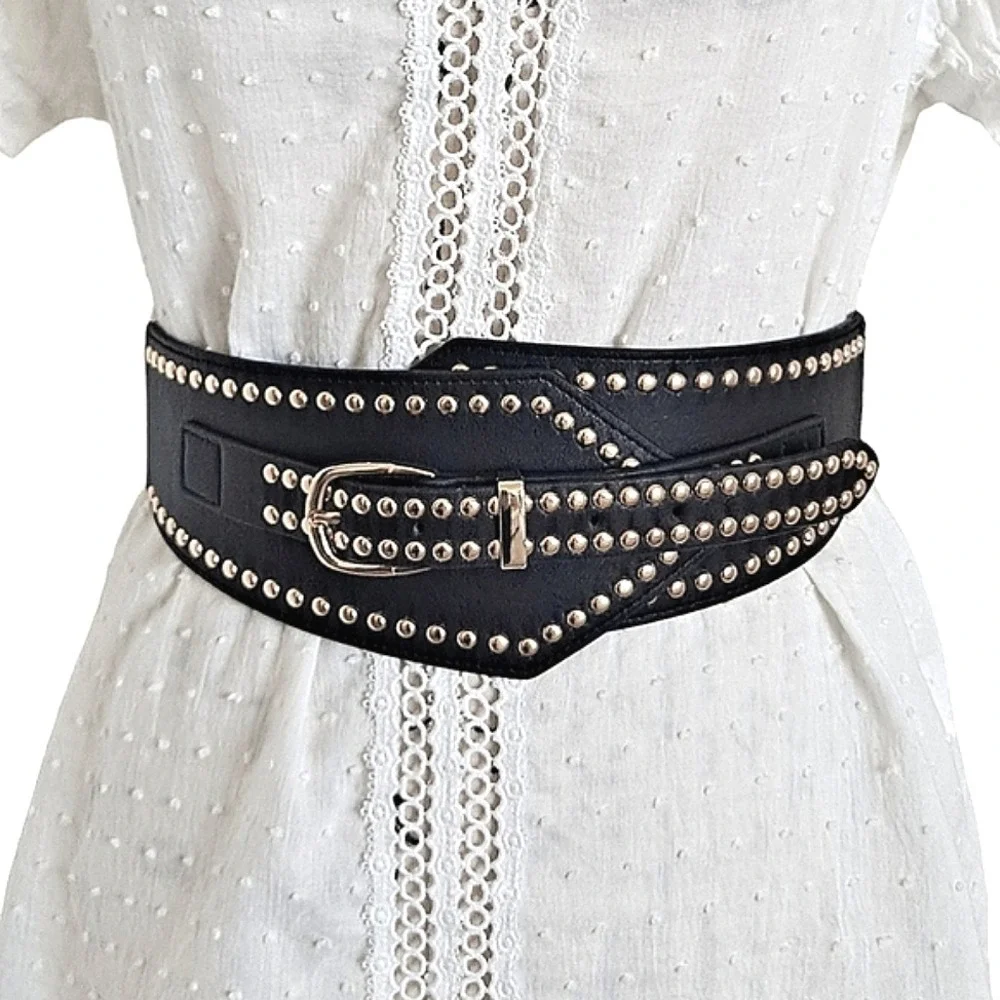 Wide black faux leather gold buckle studded Belt corset stretch punk Statement